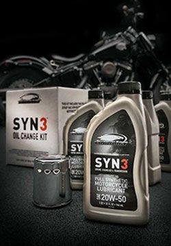 Bottles of SYN 3 motorcycle lubricant.